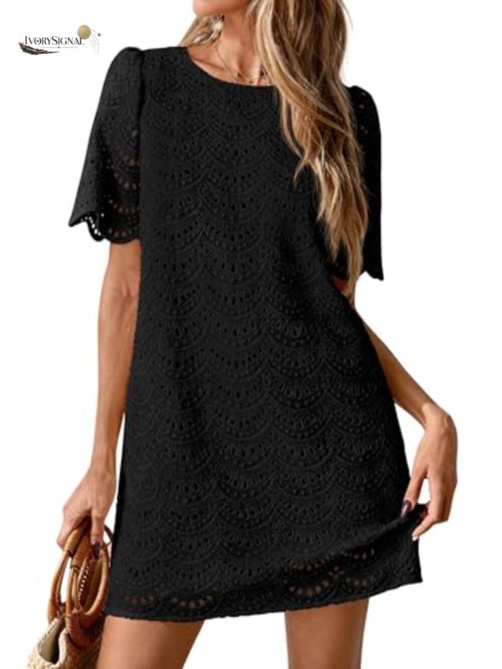 Women's Summer Eyelet Lace Shift Dress Cotton Short Sleeve Keyhole Back